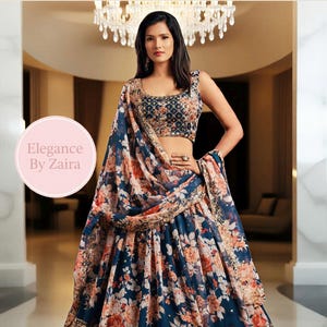 blue Sabyasachi Printed Trending Lehenga Choli USA  Partywear wedding guest wear Lehenga with Dupatta | Ready to Wear Bridal Lehenga