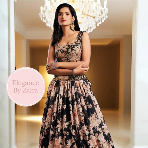 Floral Lehenga Choli with Sequin Embroidery: Indian Wedding Guest Outfit
