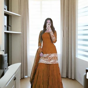 Sequin Embroidered Brown Sharara Suit: Chinon Silk Pakistani Party Dress