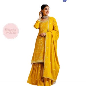 Yellow Sequin Embroidered Kurta Sharara Set: Indian Party Outfit