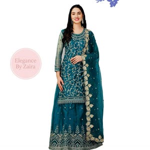 Green Embroidered Ghaghra Sharara Set: Pakistani Wedding Guest Outfit