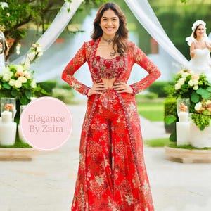 Red Floral Work Sharara Set Party Outfit for Women – Indian Kurta Suit with Dupatta Party Wear Chikankari  Sharara Dress wedding guestwear