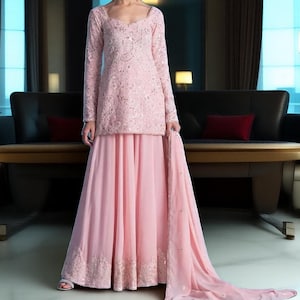 Pink Sharara Suit: Embroidered Chinon Silk Indian Wedding Outfit