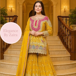 Gelbe Pailletten Gestickte Sharara Set: Indisches Hochzeits Outfit