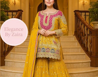 Gult paljettbroderat Sharara-set: Indisk bröllopsoutfit