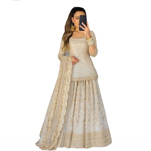 White Mirror Work Sharara Set: Sequin Embroidered Indian Party Dress