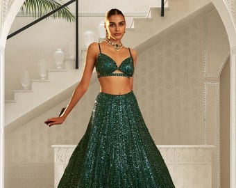 Green Party Wear Lehenga Choli | Traditional Indian Outfit | Festive Crop Top Skirt with Dupatta