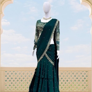 Green Pre-Draped Saree: Zari & Sequin Embroidery, Indian Wedding Outfit