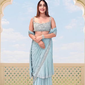 Sari azul bebé listo para usar, diseñadores trabajan sari completamente cosido 1 minuto sari, trabajo bordado sari de encaje elegante pre-drapeado mujeres EE. UU.