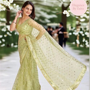 Green Net Saree: Sequined Dori Work, Banglori Silk Blouse