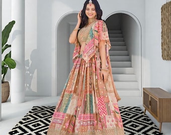 Różowo-złota lehenga choli dla kobiet | Lehenga dla gości weselnych | Indyjski strój etniczny