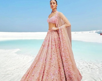 Pink Pearl Lehenga Choli: Hand Embroidered Georgette Indian Wedding Outfit