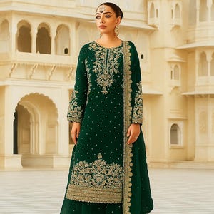 Green Sequin Sharara Suit: Chinon Silk Pakistani Party Dress