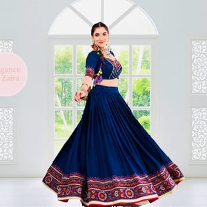 Blue Navratri Lehenga Choli Set Muslin Cotton Mirror Work Chaniya Choli – Garba Outfit with Dupatta – Indian Festival Outfit for Women USA
