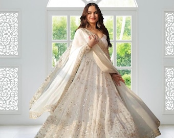 White Anarkali Gown: Hand Zari Embroidered Indian Dress