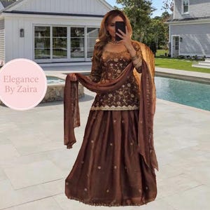 Embroidered Brown Sharara Suit: Chinon Silk Indian Wedding Outfit