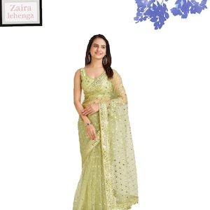 Green Georgette Saree: Hand Embroidered Zari & Sequin Wedding Guest Wear