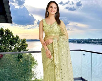Green Embroidered Net Saree | Sequins & Dori Work, Party Wear