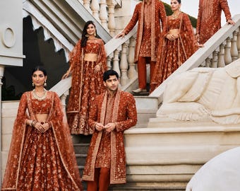 Lehenga choli em tule ferrugem para mulheres, ideal para convidadas de casamento e recepções, vestido pronto para usar com blusa e dupatta combinando.
