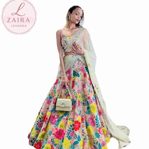 yellow monogrammed  Reception wedding guest Ready to wear yellow floral  sabyasachi Lehenga hand Stitched Function wear chaniya choli USA