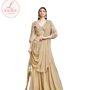 Beige Lehenga Saree  Sequinned Ready to Wear Outfit Saree & Blouse With Dupatta hand made lehenga saree for women USA wedding guest indian