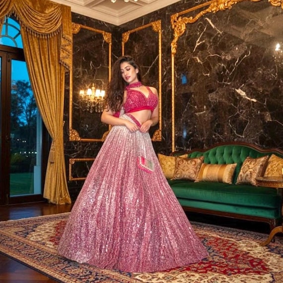 glitter indian dresses Pink Sequin Lehenga Choli: Wedding Guest Outfit summer wedding