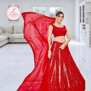 Red Georgette Lehenga And Soft Net Dupatta For Women Indian Lehenga , Bridesmaids Wedding Lehenga , Chaniya Choli Red Lehenga choli girls