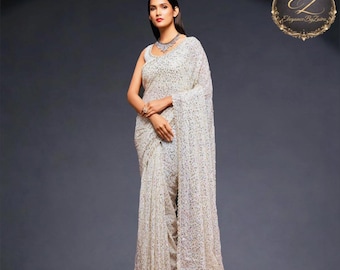 white Sequin Saree: Indian Wedding Guest Wear, USA Ready