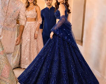 Lehenga Choli azul oscuro con adornos de zari, atuendo de boda indio