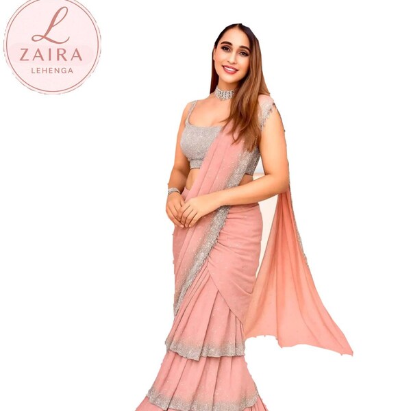 Dirty Pink Embroidered Ruffle Saree