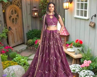 Wine Butterfly Net Lehenga Choli Indian Bridal Wedding Outfit Women Designer