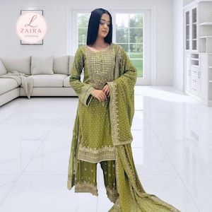 Green Georgette Sharara Suit: Pakistani Salwar Kameez, Zari Embroidery