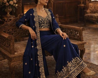 Conjunto de kurta con bordado azul para invitada de boda, con bolero y pantalón, 3 piezas