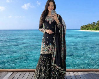 Black Floral Embroidered Sharara Set: Indian Wedding ready to wear readymade salwar suit