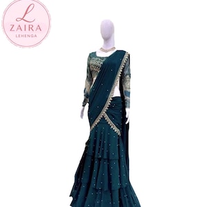 Green Pre-Draped Saree: Indian Wedding Outfit, Zari Embroidery