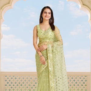 Lime Green Net Saree: Sequined Dori Work, Banglori Silk Blouse
