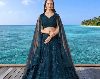 Petrol Blue lehenga choli for women reception wedding guest wear lehenga