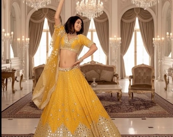 Gul broderad lehenga choli: Indisk bröllopsoutfit, Haldi-ceremoniklänning