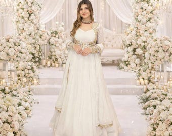 white wedding gown maxi dress Anarkali gown for women indian party wedding guest wear dress