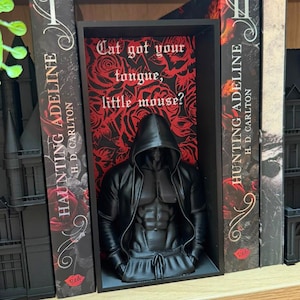 Puede incluir: Una escultura negra de una figura encapuchada con un f&iacute;sico musculoso, exhibida en un marco negro. El fondo presenta un patr&oacute;n floral rojo y negro con el texto "Cat got your tongue, little mouse?". La escultura est&aacute; colocada entre dos libros.