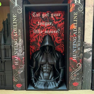 Puede incluir: Una escultura negra de una figura encapuchada con un torso musculoso, exhibida en una estanter&iacute;a negra. El fondo presenta un patr&oacute;n floral rojo con la cita "Cat got your tongue, little mouse?". A ambos lados de la estanter&iacute;a hay dos libros titulados "Haunting Adeline".