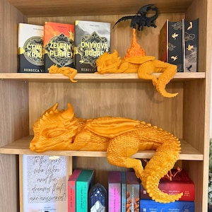 Può includere: Una libreria in legno espone libri a tema fantasy e statuette di draghi. Una grande statuetta di drago arancione poggia su uno scaffale, con statuette di draghi più piccole e un drago nero su una base a forma di fiamma. Sono visibili libri con scritte dorate.