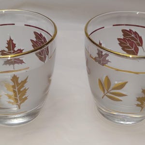 May include: Two clear glass tumblers featuring a decorative pattern of autumn leaves in shades of gold and deep red. Each glass has a thin gold-colored rim and a horizontal gold line encircling the upper portion, accentuating the foliage design.
