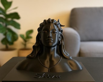 Peut inclure: Une sculpture noire d'une divinité aux longs cheveux, avec un collier et les yeux fermés. La sculpture est montée sur une base noire avec le nom "Shiva" inscrit. L'arrière-plan est flou, montrant un cadre de salon.