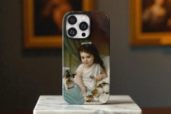 Vintage Cat Phone Case, Emile Munier Painting, Kitten Art Print, Tough Case, Romantic Realism, Victorian Child with Pets, Classic Art Cover