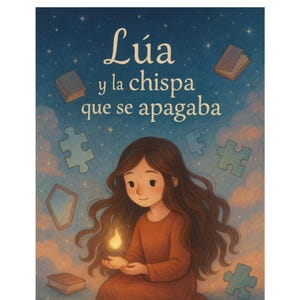 Puede incluir: Ilustración de una niña con un vestido color óxido sosteniendo una llama, con el texto en español "Lúa y la chispa que se apagaba". El fondo presenta piezas de rompecabezas, libros y un espejo contra un cielo estrellado.