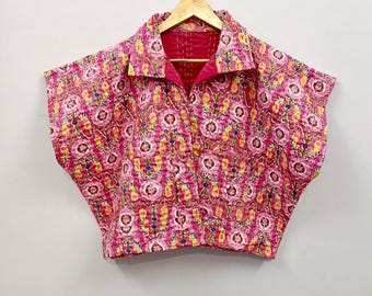Pink Ikat Kantha Crop Jacket | Handmade Cotton Boho Layering Top