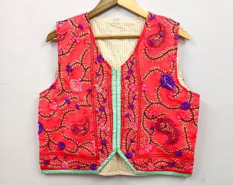 Rosa Phulkari bestickte Baumwollweste | Boho Ärmellose Ethnische Weste | Festival-Kleidung