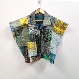 Handgemachte Seide Kantha Jacke | Vintage Patchwork Boho Steppmantel