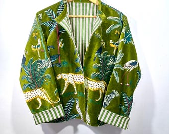 Green Velvet Animal Print Jacket | Handmade Boho Cardigan
